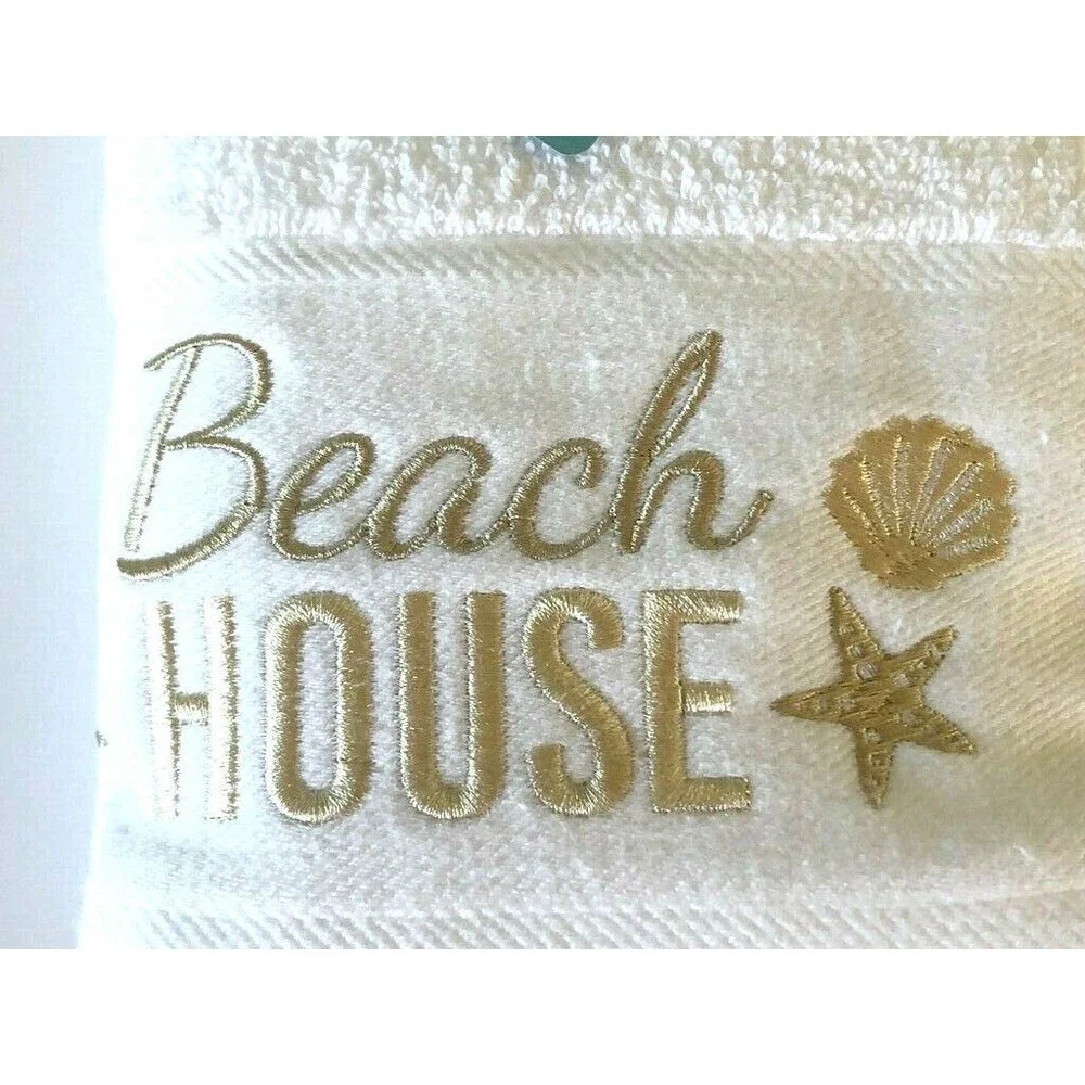 Shells Starfish Hand Towels Gold Embroidered Bathroom Beach House Set of 2 Soft